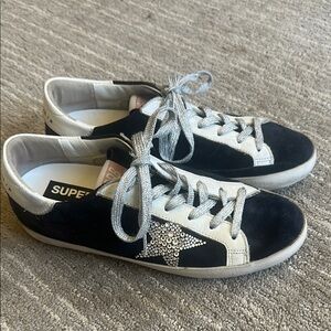 Navy Suede Golden Goose sneakers with Silver Sparkle Star and laces